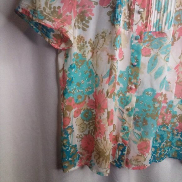 Emma James Blouse M Short Sleeve Button Up Sheer Floral Blue Pink - Picture 11 of 16